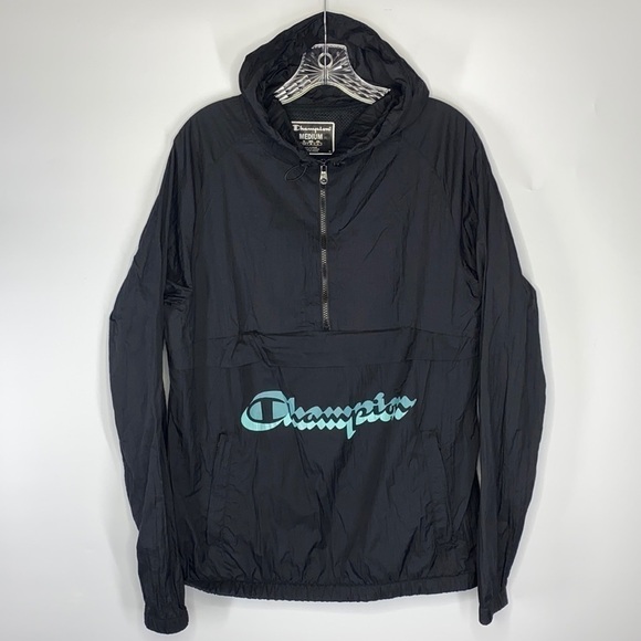 Champion Anorak Black Hooded Spellout Windbreaker Jacket Size Medium - Picture 1 of 7